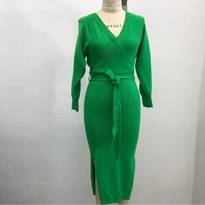 Green Long Sleeve Wrap Knit Dress - Unbranded